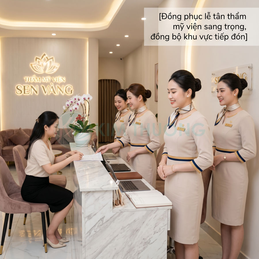 Đồng phục lễ tân thẩm mỹ viện Sen Vàng màu be sang trọng tại quầy tiếp đón khách hàng