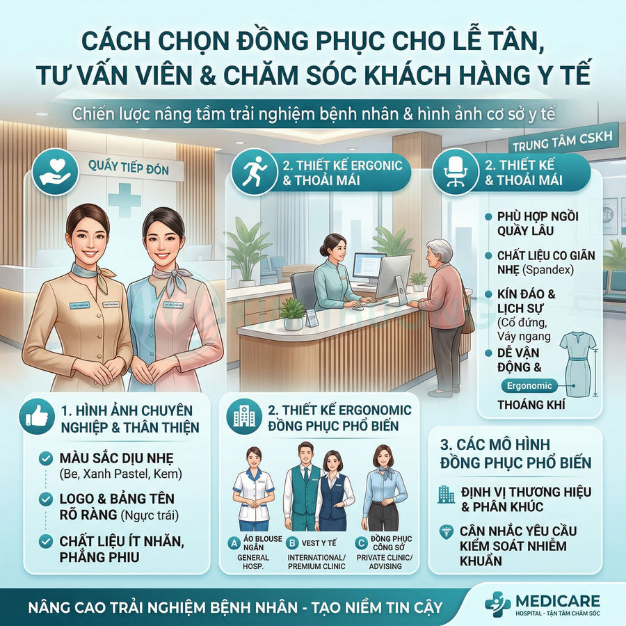 Infographic hướng dẫn chọn đồng phục lễ tân tư vấn viên chăm sóc khách hàng y tế chuyên nghiệp và thoải mái