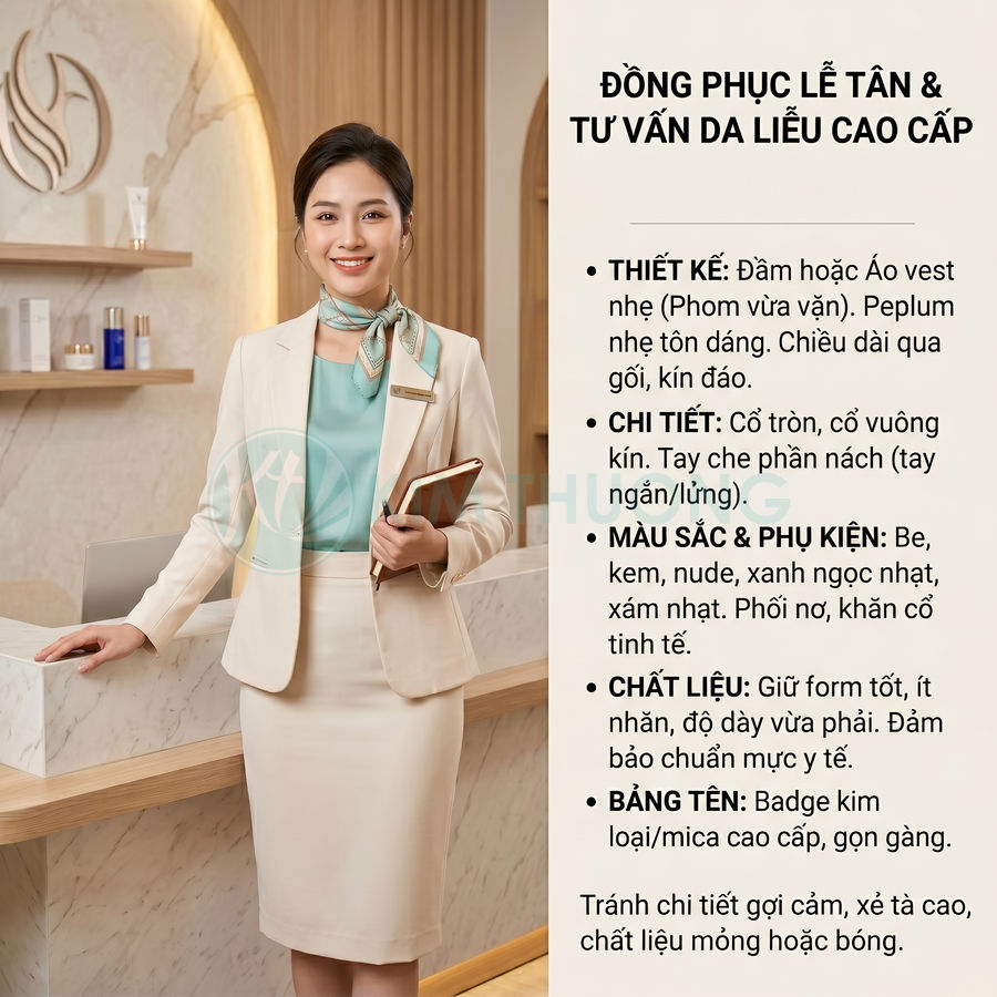 Đồng phục lễ tân spa cao cấp màu kem phối áo xanh ngọc, chân váy bút chì và khăn cổ sang trọng