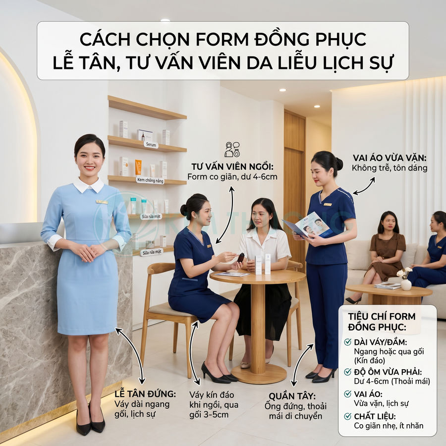 Đồng phục lễ tân và tư vấn viên da liễu màu xanh lịch sự trong không gian spa hiện đại