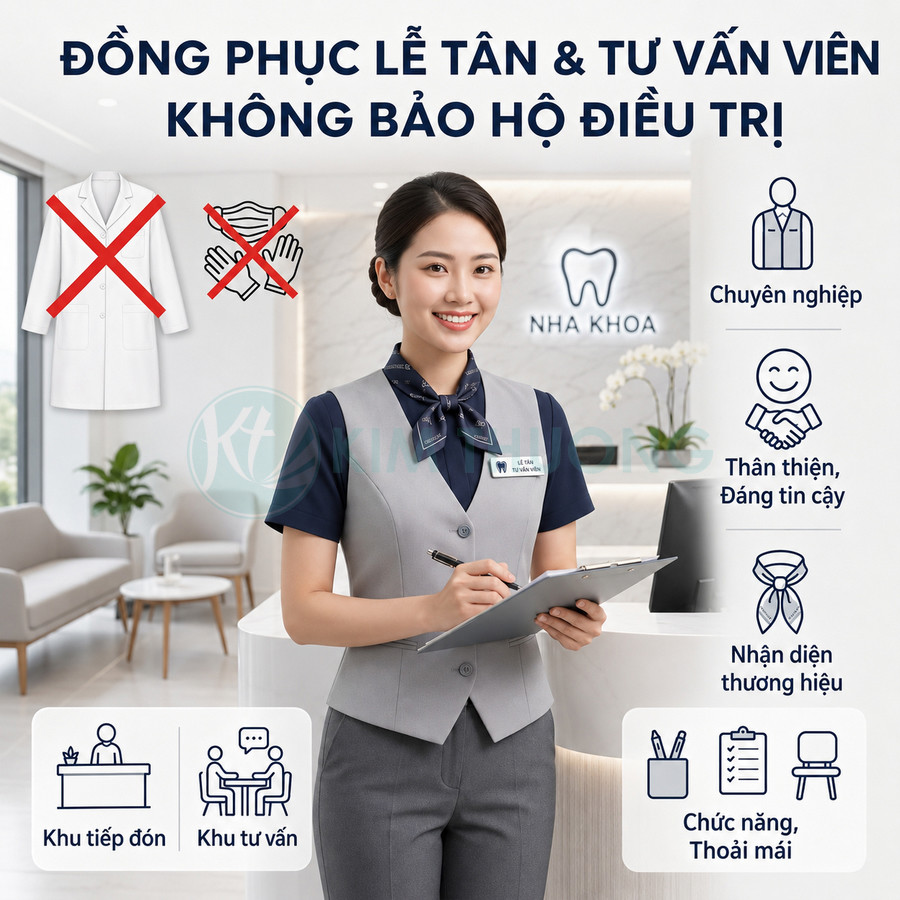 Đồng phục lễ tân nha khoa màu xám xanh chuyên nghiệp, nhân viên cầm bảng ghi chú tại quầy tiếp đón hiện đại