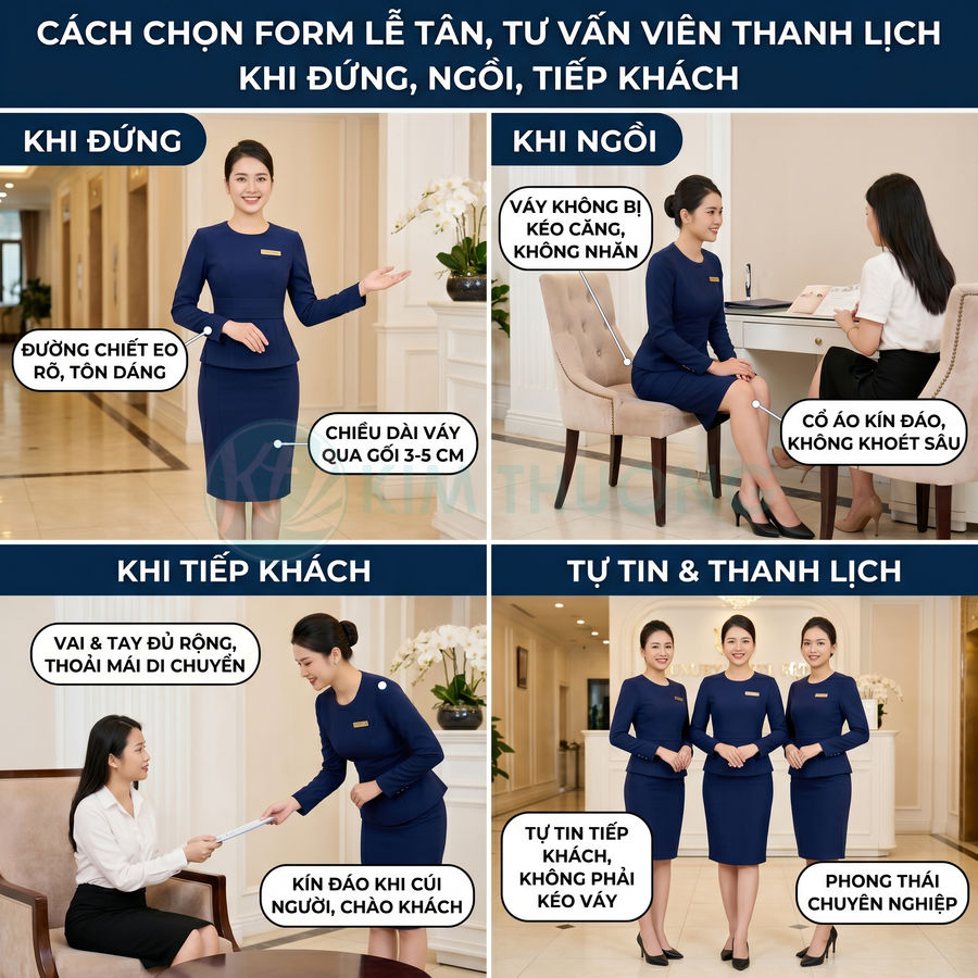 Đồng phục lễ tân nữ màu xanh navy dáng ôm, váy qua gối, cổ kín đáo, phong thái chuyên nghiệp khi đứng ngồi tiếp khách