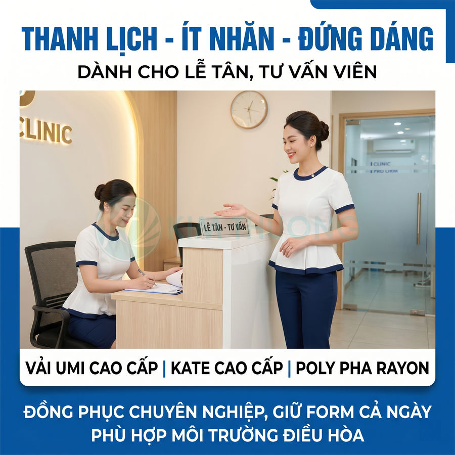 Đồng phục lễ tân nữ màu trắng phối xanh navy, thiết kế thanh lịch ít nhăn cho nhân viên tư vấn spa, clinic