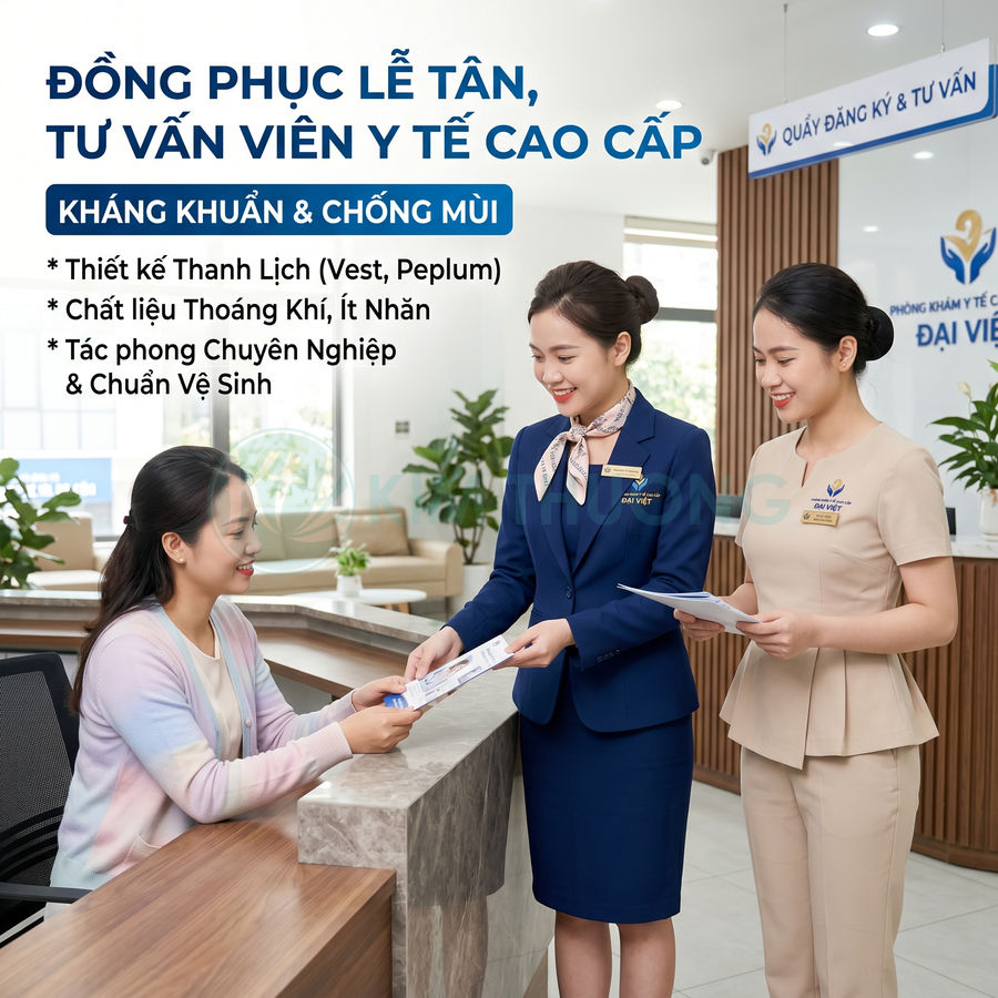 Đồng phục lễ tân tư vấn viên y tế cao cấp màu xanh và be tại quầy đăng ký phòng khám