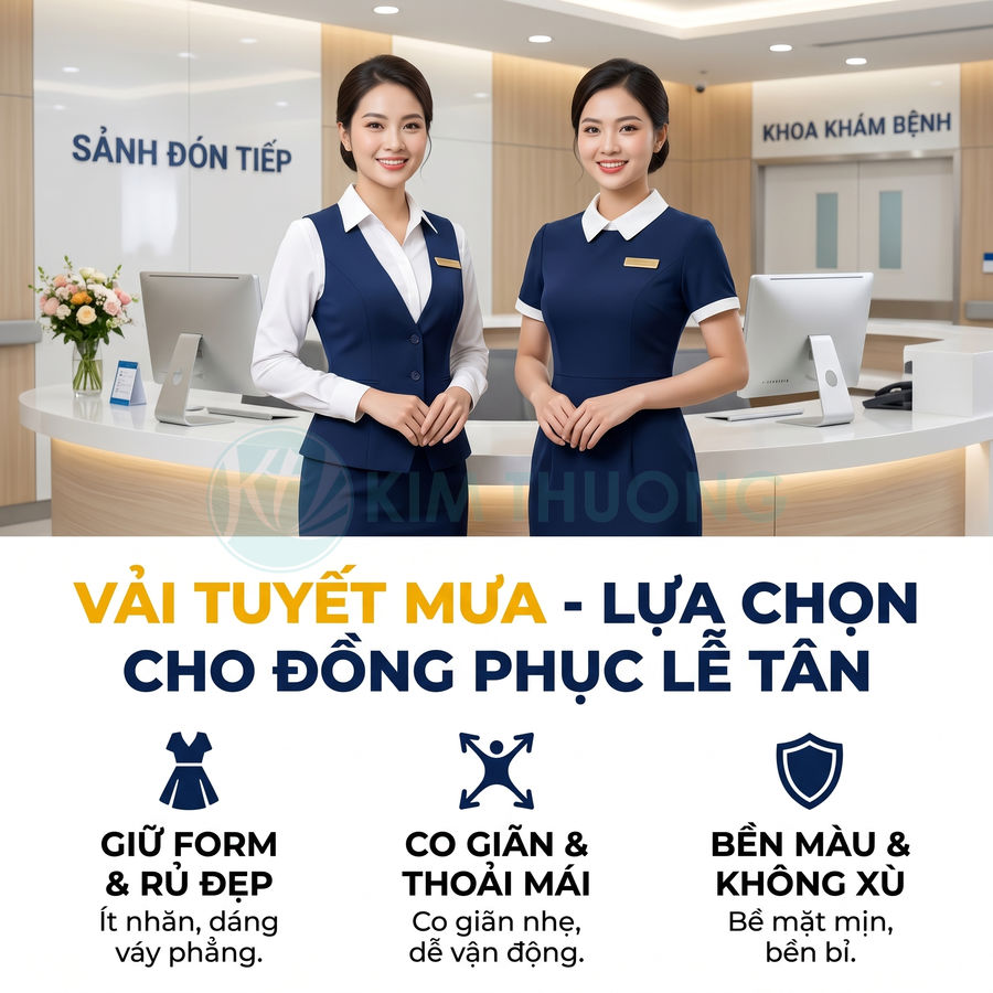 Đồng phục lễ tân nữ vải tuyết mưa màu xanh navy cổ trắng tại quầy tiếp tân bệnh viện hiện đại