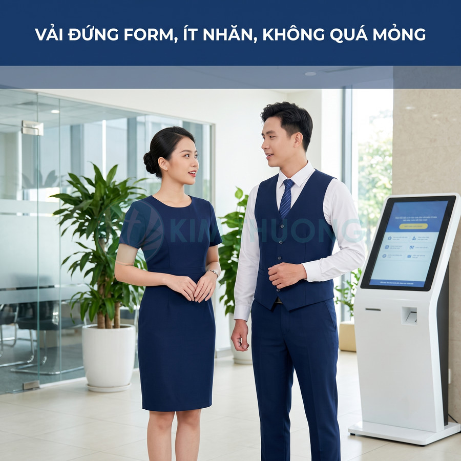 Nhân viên lễ tân ngân hàng mặc đồng phục công sở màu xanh navy đứng trò chuyện trong sảnh