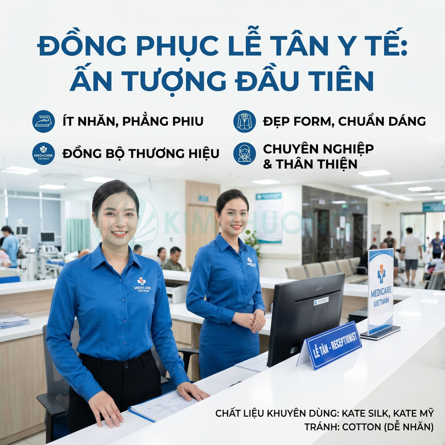 Đồng phục lễ tân y tế màu xanh Medicare Vietnam, áo sơ mi dài tay, thiết kế chuyên nghiệp thân thiện tại quầy tiếp đón