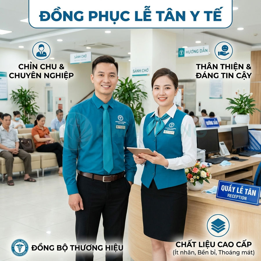 Đồng phục lễ tân y tế màu xanh chuyên nghiệp cho nam nữ tại sảnh bệnh viện hiện đại