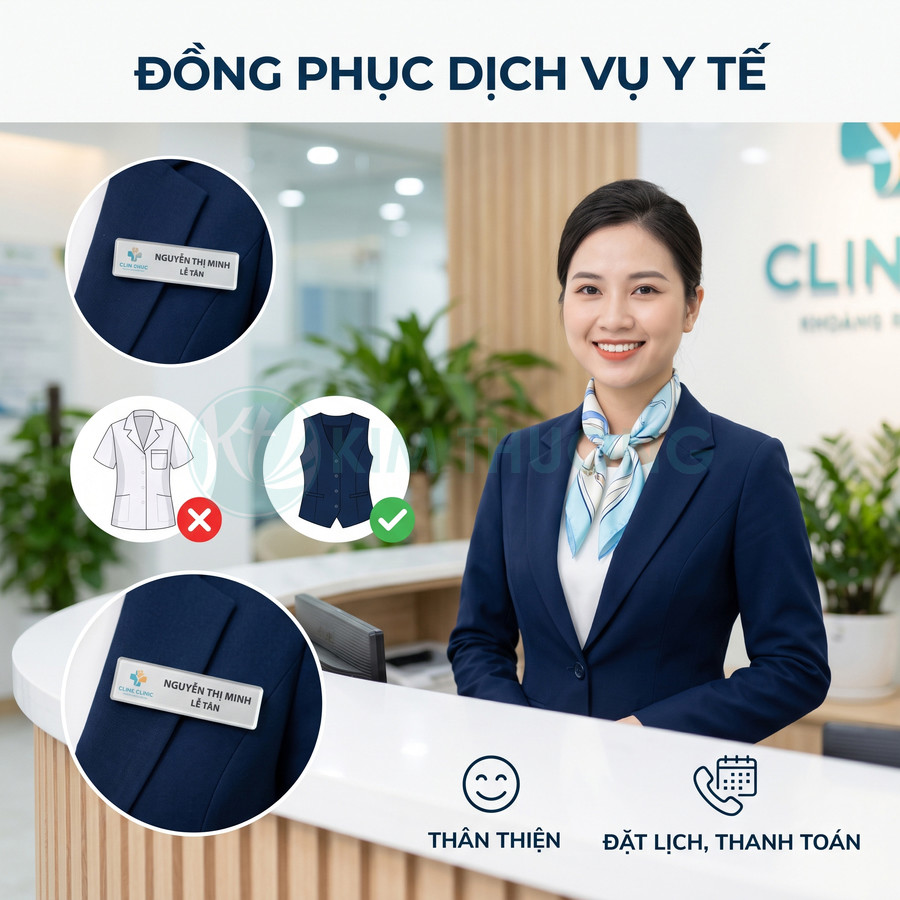 Đồng phục lễ tân dịch vụ y tế màu xanh navy với áo vest, khăn cổ và bảng tên tại quầy tiếp đón