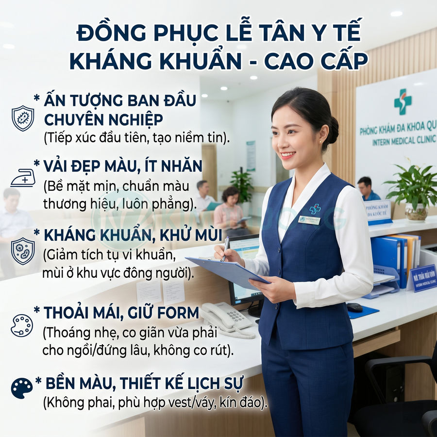 Đồng phục lễ tân y tế cao cấp màu xanh trắng, thiết kế lịch sự, vải kháng khuẩn, nhân viên đứng tại quầy tiếp đón