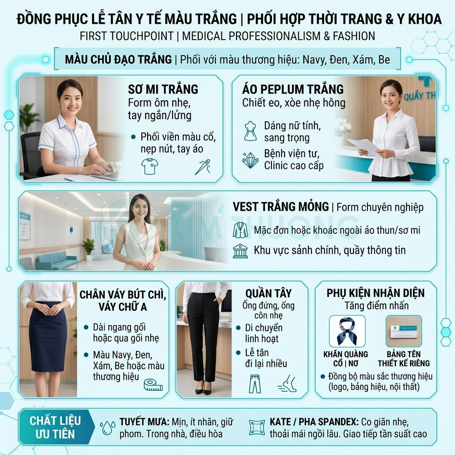 Đồng phục lễ tân y tế màu trắng phối navy, vest mỏng, áo sơ mi và chân váy bút chì chuyên nghiệp trong bệnh viện