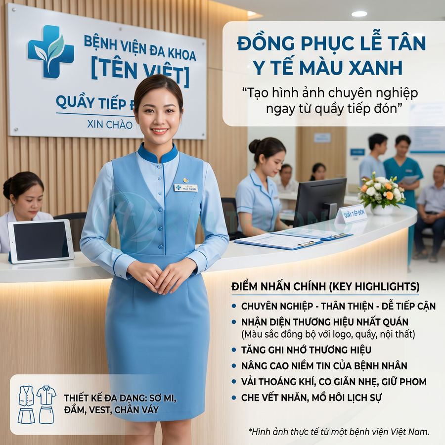 Đồng phục lễ tân bệnh viện màu xanh chuyên nghiệp tại quầy tiếp đón đa khoa