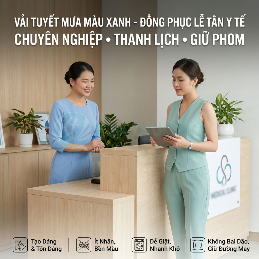 Đồng phục lễ tân y tế màu xanh chất liệu vải tuyết mưa, thiết kế thanh lịch chuyên nghiệp tại quầy tiếp đón