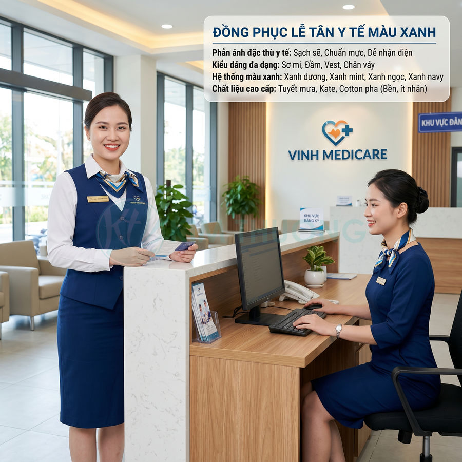 Đồng phục lễ tân y tế màu xanh tại quầy tiếp đón Vinh Medicare, thiết kế vest váy công sở chuyên nghiệp