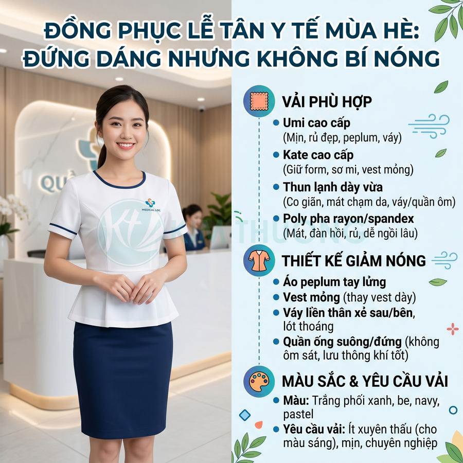 Đồng phục lễ tân y tế mùa hè với áo peplum trắng phối navy và chân váy bút chì xanh navy