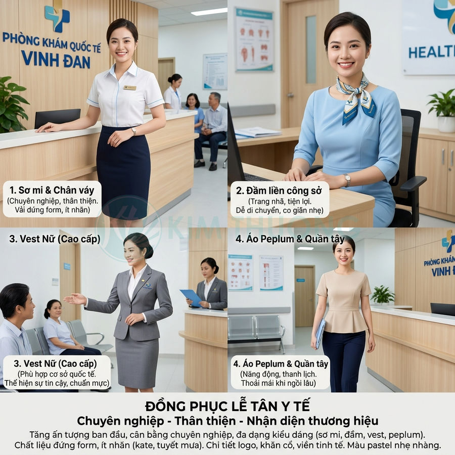 Đồng phục lễ tân y tế cao cấp với nhiều mẫu sơ mi chân váy, đầm công sở, vest nữ, áo peplum quần tây
