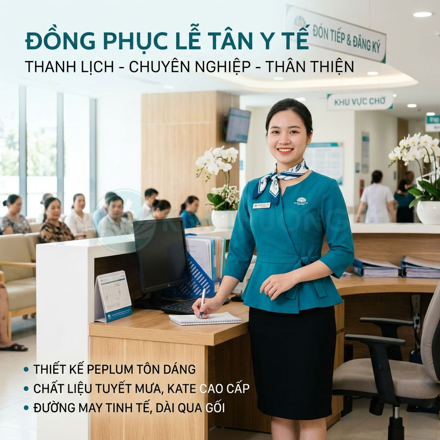 Đồng phục lễ tân y tế nữ màu xanh peplum chân váy đen tại quầy tiếp đón bệnh viện