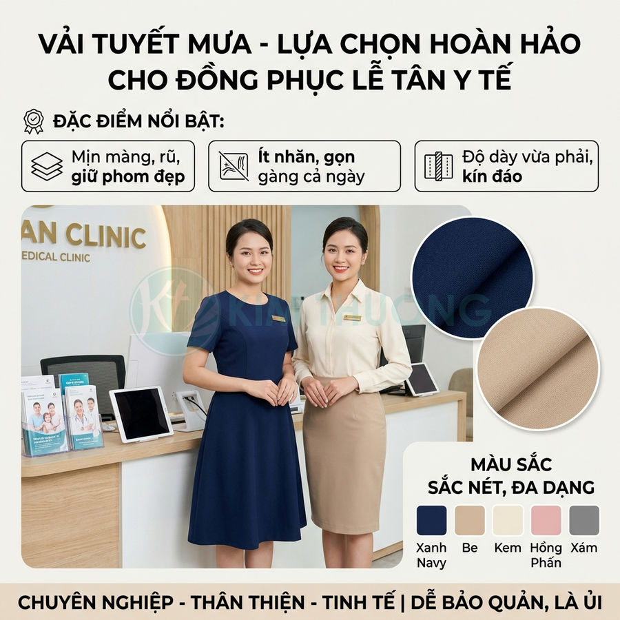 Đồng phục lễ tân y tế vải tuyết mưa màu xanh navy và be kem, thiết kế kín đáo, chuyên nghiệp