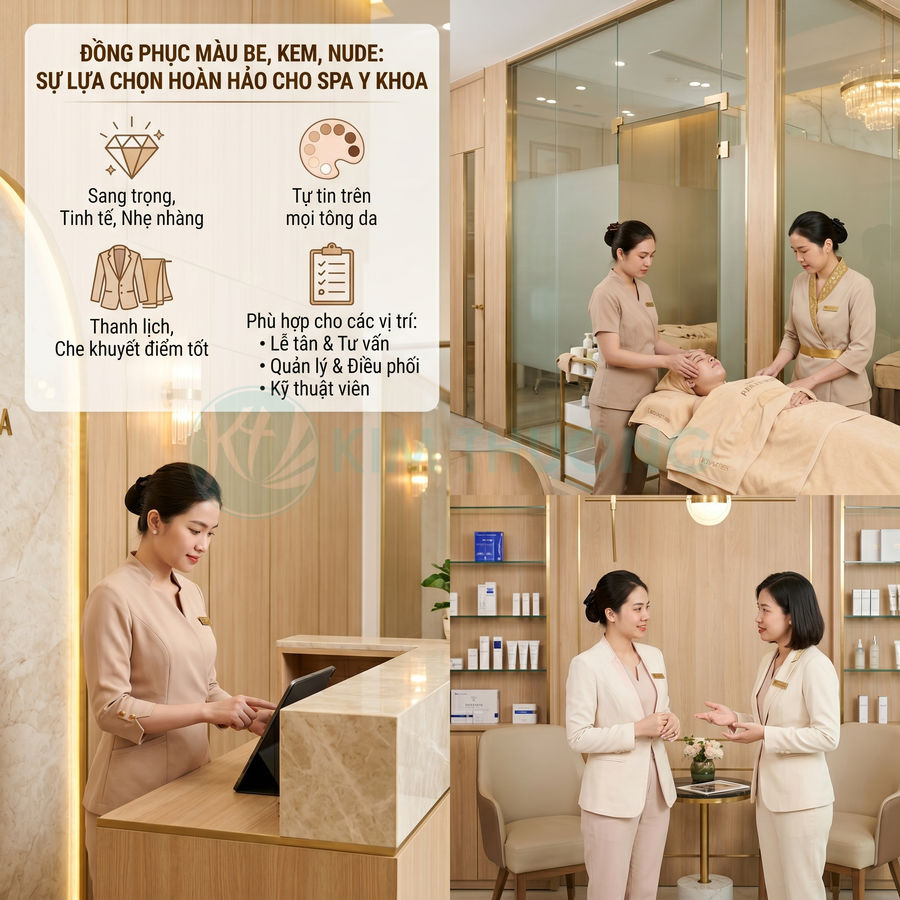 Đồng phục spa màu be kem thanh lịch cho lễ tân, kỹ thuật viên và quản lý trong không gian spa cao cấp