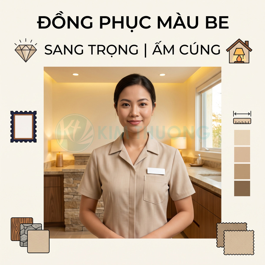 Nhân viên nữ mặc đồng phục màu be sang trọng ấm cúng, áo cổ bẻ tay ngắn có túi ngực trong không gian nội thất sáng