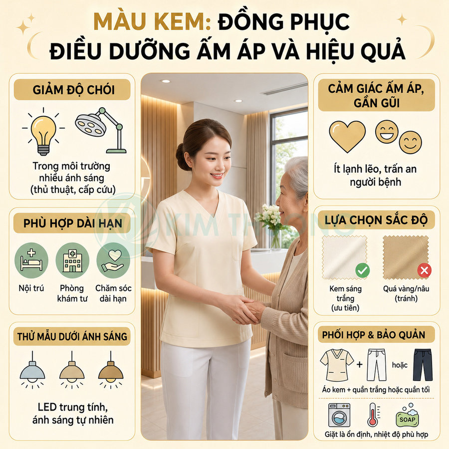 Nữ điều dưỡng mặc đồng phục màu kem tay ngắn đứng tư vấn, nắm tay bệnh nhân lớn tuổi trong phòng khám sáng sạch