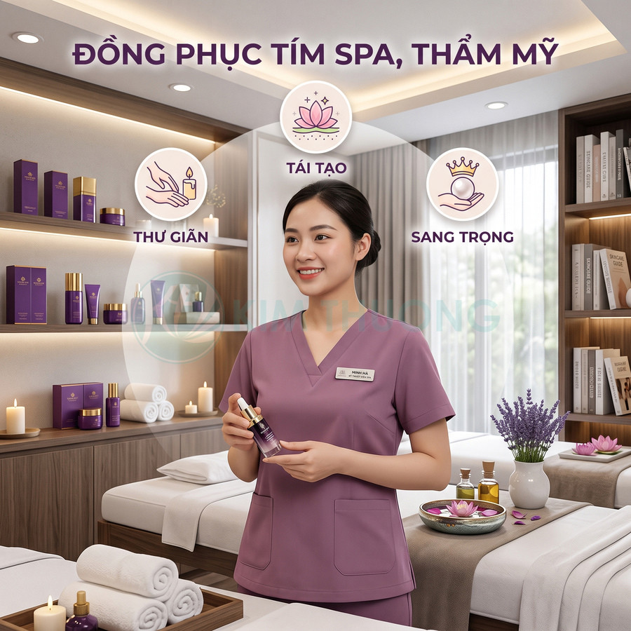 Nhân viên spa mặc đồng phục tím cầm chai tinh chất trong phòng spa sang trọng bày trí mỹ phẩm và khăn tắm