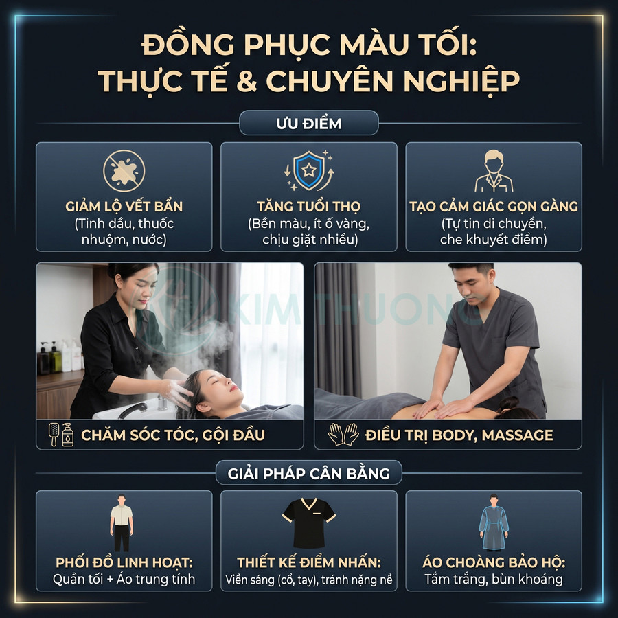 Đồng phục spa màu tối cho nhân viên chăm sóc tóc gội đầu và điều trị body massage, thiết kế chuyên nghiệp gọn gàng