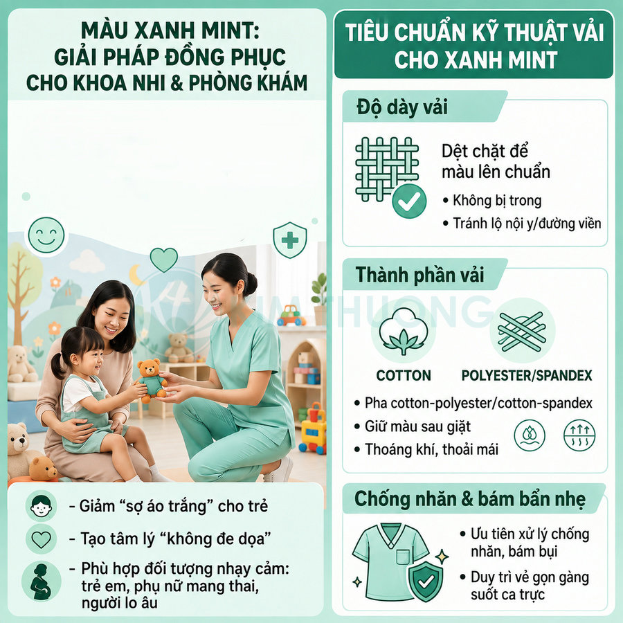 Đồng phục y tá màu xanh mint cho khoa nhi, chất liệu cotton pha polyester spandex, chống nhăn thoáng mát