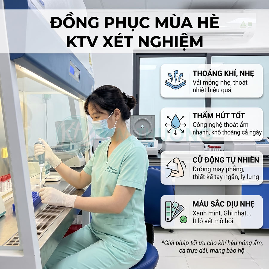 Đồng phục mùa hè màu xanh mint cho kỹ thuật viên xét nghiệm, chất vải mỏng nhẹ, thấm hút tốt, thoáng khí khi làm việc