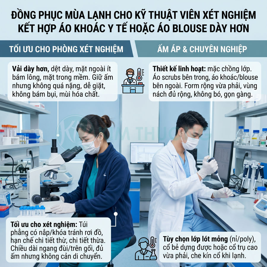 Đồng phục mùa lạnh cho kỹ thuật viên xét nghiệm với áo khoác y tế và áo blouse dày trong phòng lab