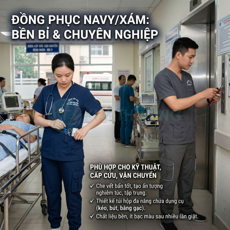 Đồng phục y tế navy và xám cho kỹ thuật viên, cấp cứu, vận chuyển với nhiều túi tiện dụng trong bệnh viện