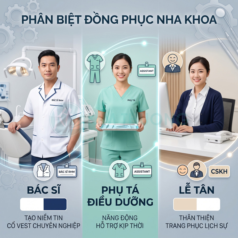 Đồng phục nha khoa cho bác sĩ áo blouse trắng, phụ tá điều dưỡng scrubs xanh, lễ tân trang phục công sở lịch sự