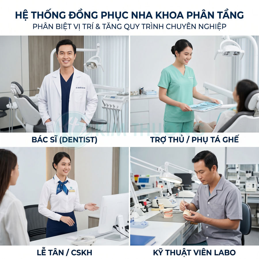 Đồng phục nha khoa phân tầng cho bác sĩ, trợ thủ ghế, lễ tân chăm sóc khách hàng và kỹ thuật viên labo