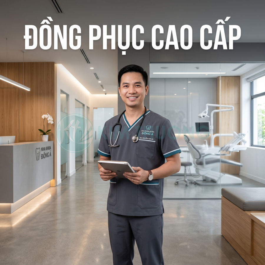 Đồng phục nha khoa cao cấp màu xám cho bác sĩ, thiết kế hiện đại trong phòng khám răng hàm mặt