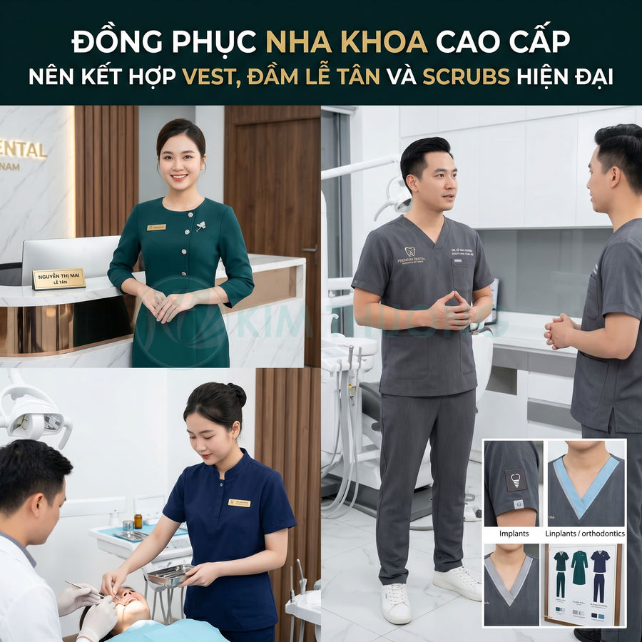 Đồng phục nha khoa cao cấp gồm váy lễ tân, áo vest và đồ scrubs hiện đại cho bác sĩ, phụ tá