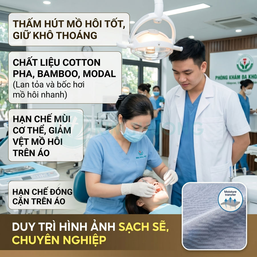 Đồng phục y tế cotton pha bamboo modal thấm hút mồ hôi tốt cho nha sĩ và nhân viên phòng khám