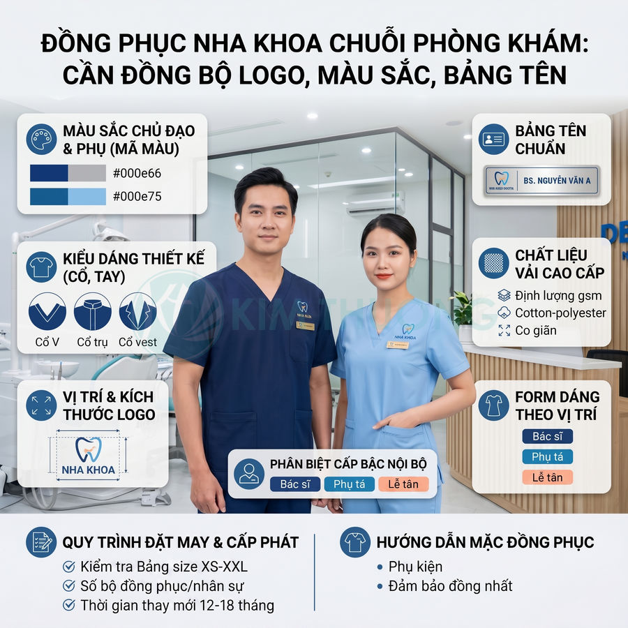 Đồng phục nha khoa chuỗi phòng khám với logo, bảng tên và màu sắc đồng bộ cho bác sĩ và phụ tá