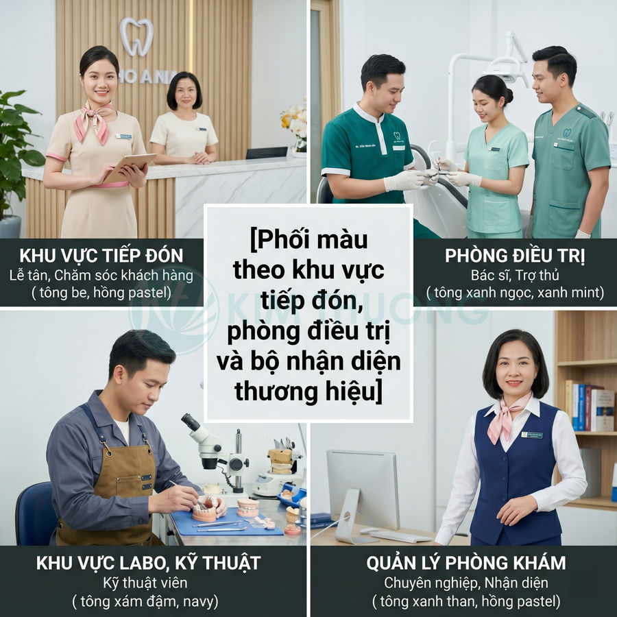 Đồng phục nhân viên nha khoa theo từng khu vực tiếp đón, phòng điều trị, labo kỹ thuật và quản lý phòng khám