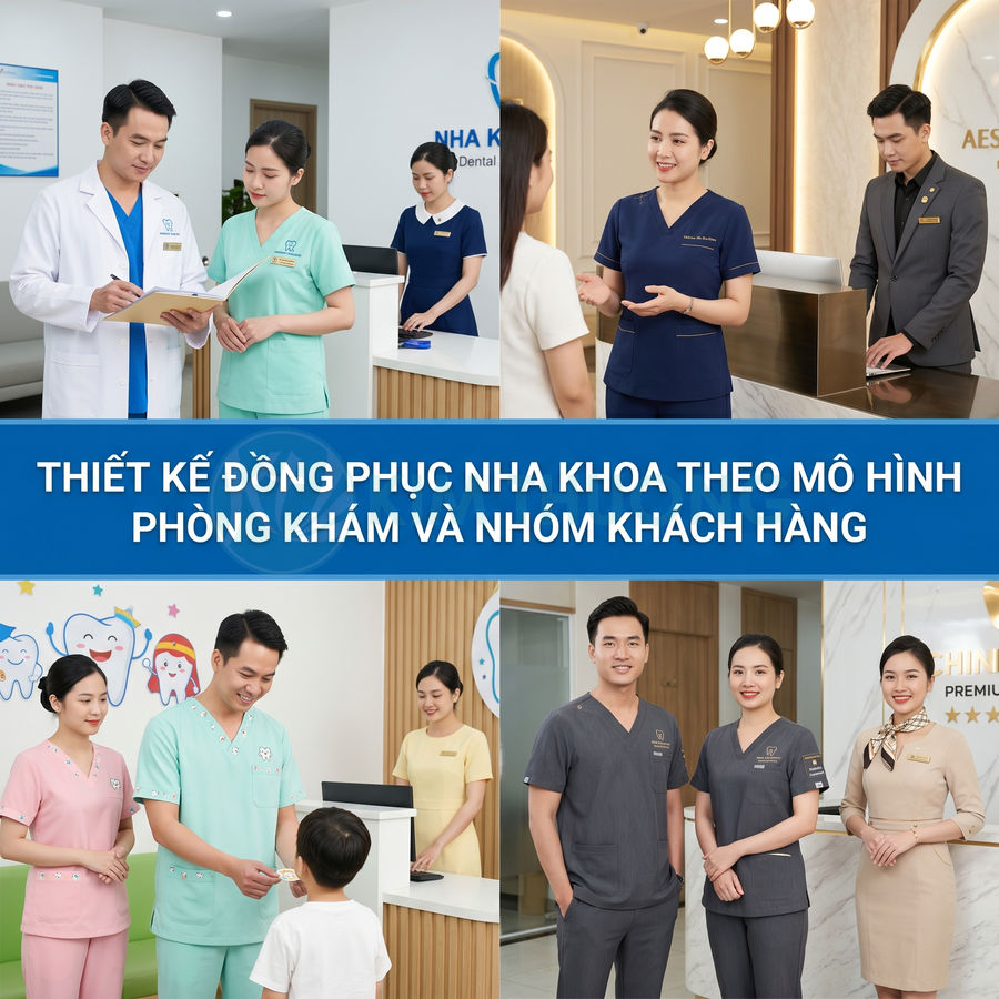 Đồng phục nha khoa chuyên nghiệp cho bác sĩ và nhân viên lễ tân tại phòng khám răng hàm mặt