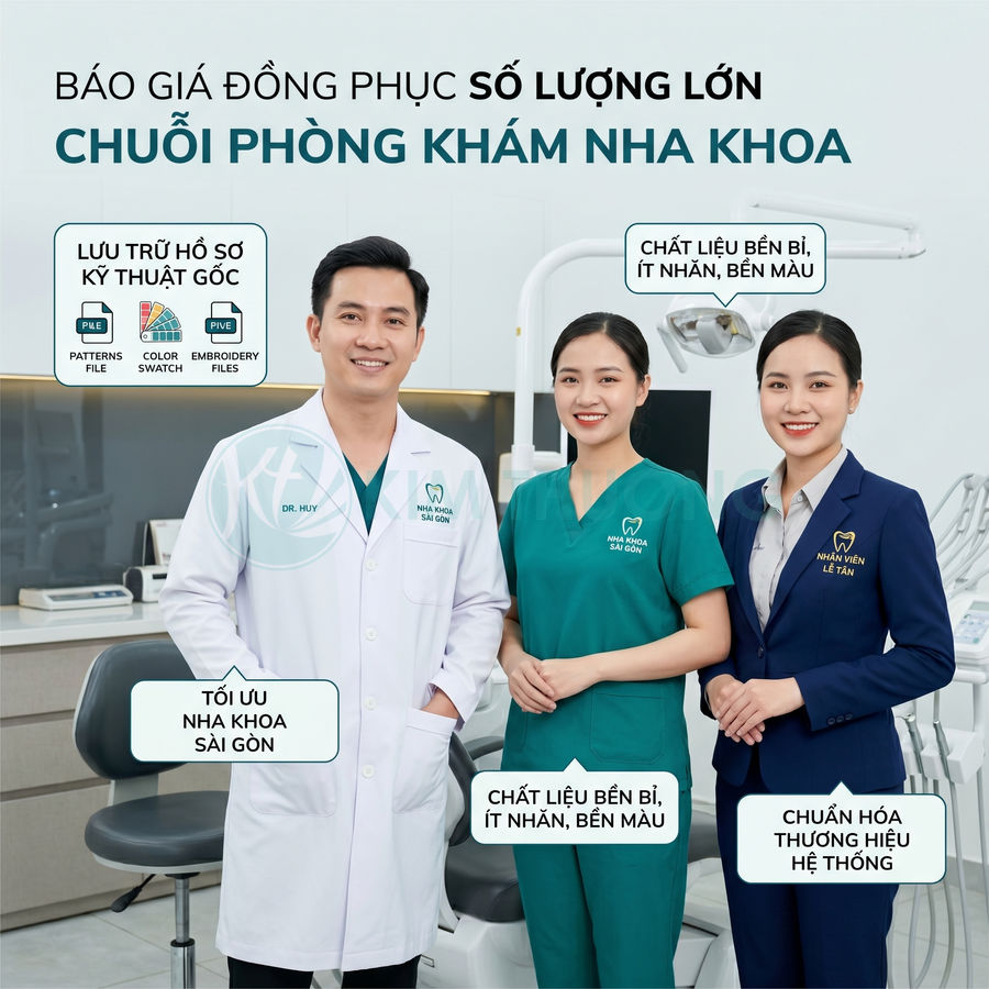 Đồng phục nha khoa Sài Gòn cho bác sĩ, y tá và lễ tân trong phòng khám hiện đại