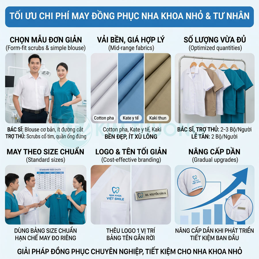 Đồng phục nha khoa Việt Smile với áo blouse và scrubs xanh trắng, vải cotton pha kate kaki bền đẹp, may theo size chuẩn