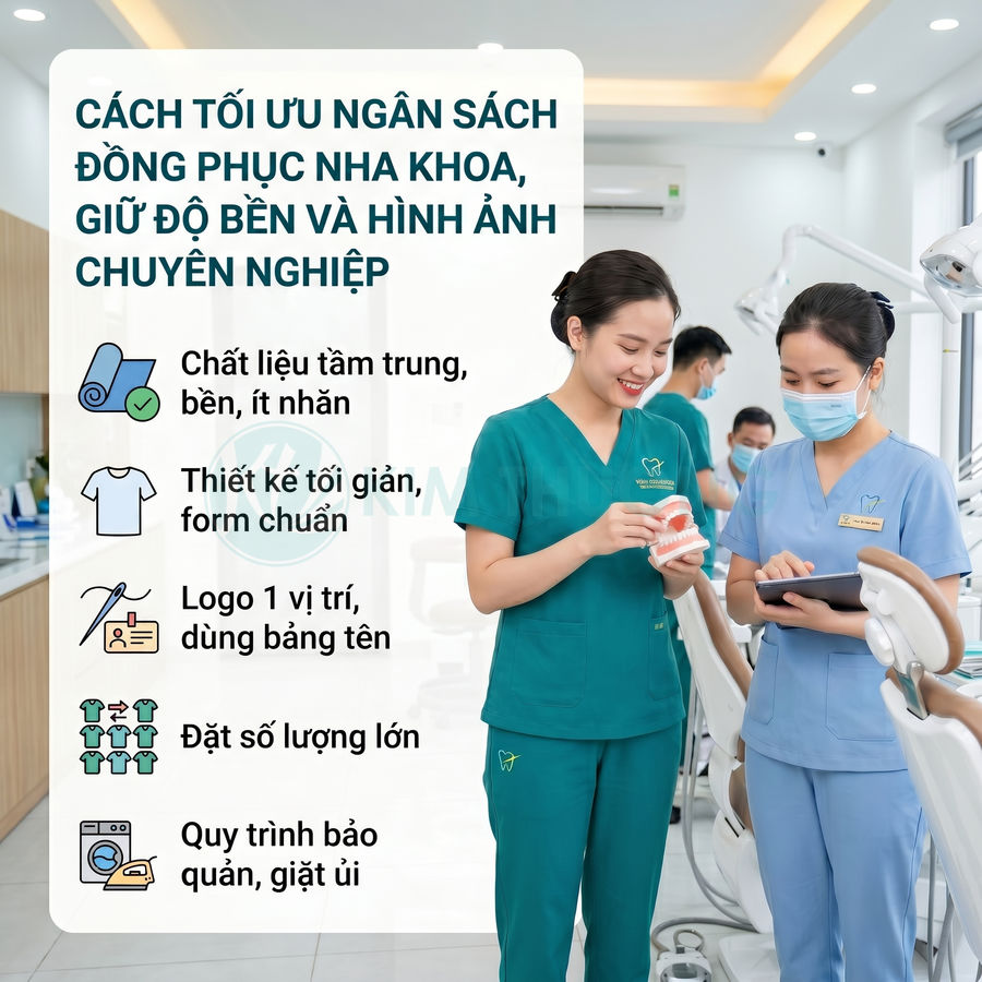 Nhân viên nha khoa mặc đồng phục y tế xanh và xanh dương tư vấn tại phòng khám hiện đại