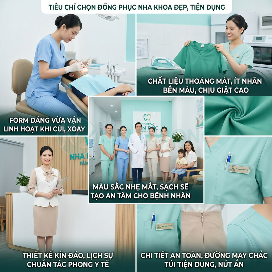 Đồng phục nha khoa cao cấp màu xanh và be, thiết kế kín đáo, thoáng mát, form gọn gàng cho đội ngũ y bác sĩ