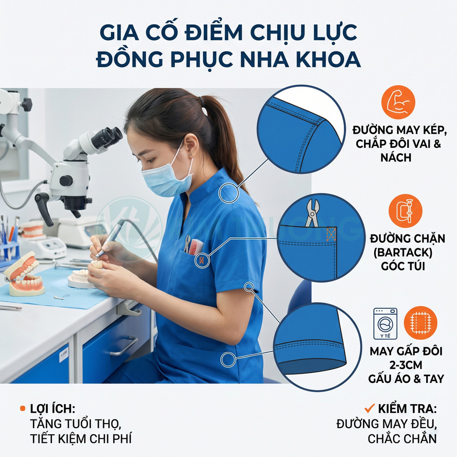 Đồng phục nha khoa màu xanh dương cho nữ, thiết kế cổ trụ, gia cố đường may vai nách túi và gấu áo chắc chắn