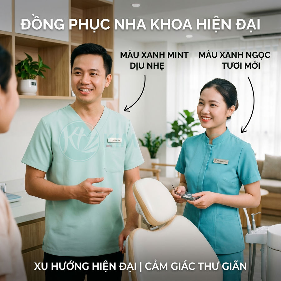 Đồng phục nha khoa màu xanh mint và xanh ngọc hiện đại trong phòng khám răng sang trọng