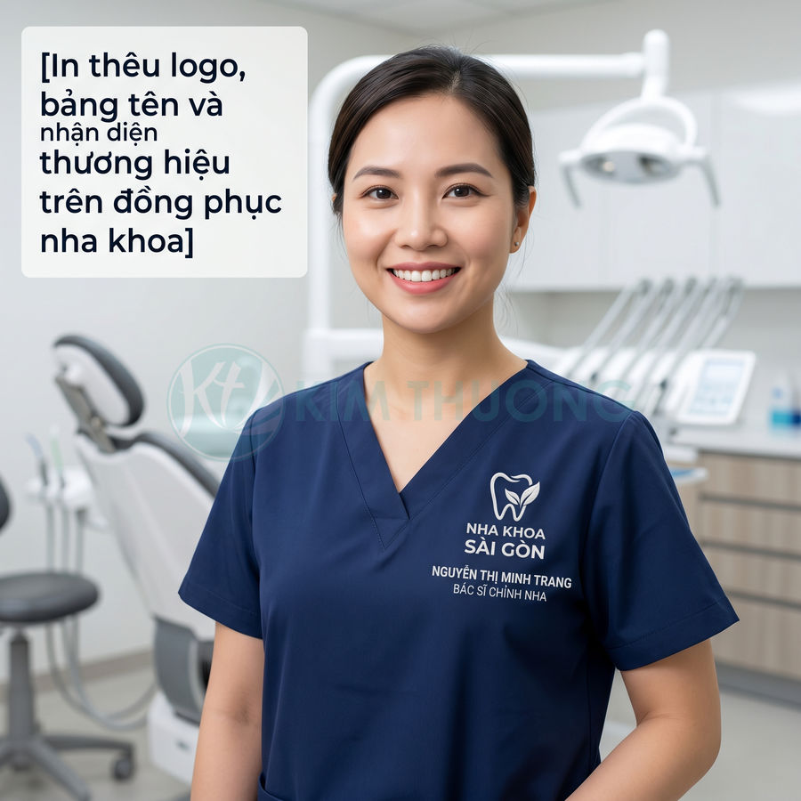 Đồng phục nha khoa thêu logo Nha Khoa Sài Gòn và tên bác sĩ trong phòng khám răng hiện đại