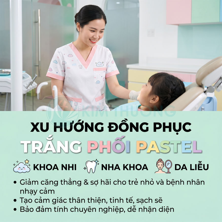 Nữ nha sĩ mặc đồng phục y tế trắng phối pastel dễ thương đang khám răng cho bé gái trong phòng nha khoa