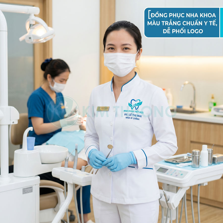 Đồng phục nha khoa màu trắng cho bác sĩ nữ, tay dài, viền xanh, phù hợp phòng khám nha khoa hiện đại