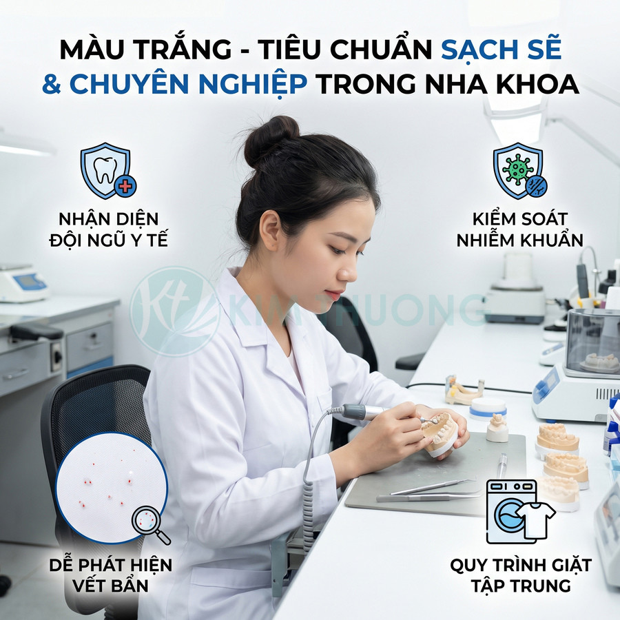 Nữ nha sĩ mặc áo blouse trắng làm việc với mẫu răng trong phòng khám nha khoa sạch sẽ chuyên nghiệp