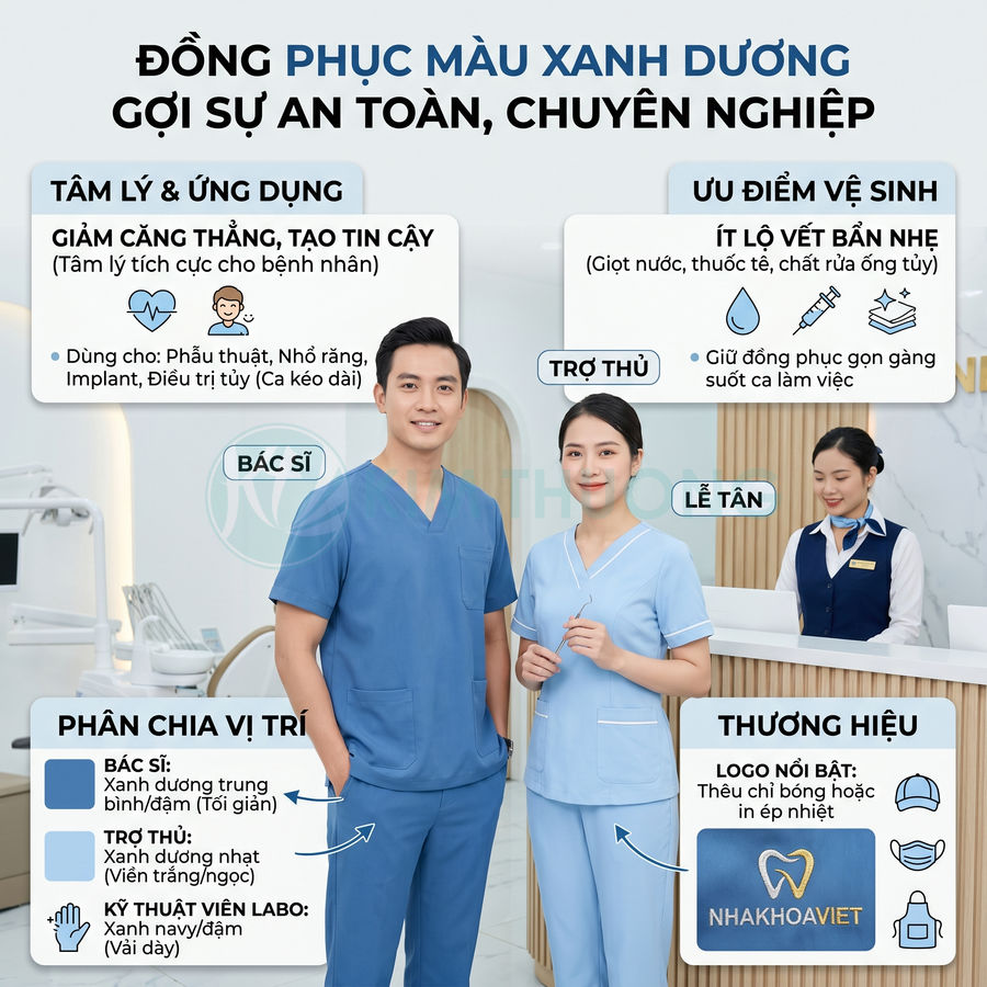 Đồng phục nha khoa màu xanh dương cho bác sĩ, trợ thủ và lễ tân tại phòng khám Nha Khoa Việt